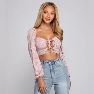 Lace-Up Gingham Crop Top
